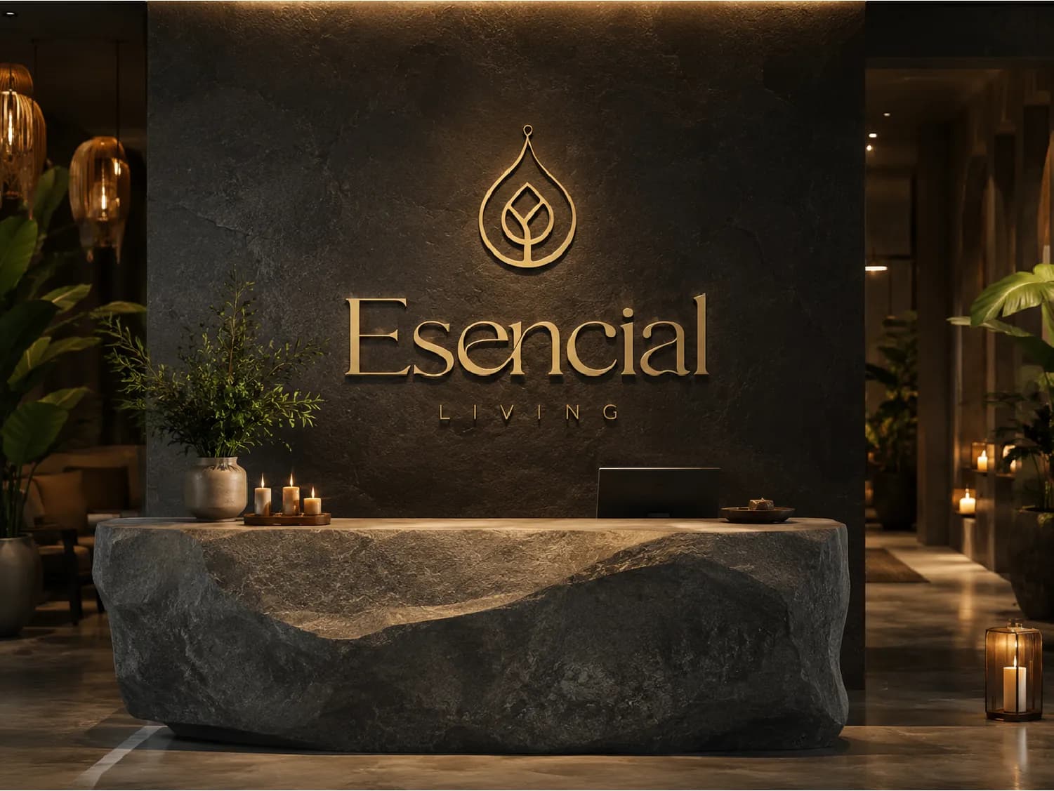 Referencia conceptual de atmósfera: counter monolítico de piedra, logo en bronce retroiluminado y velas.