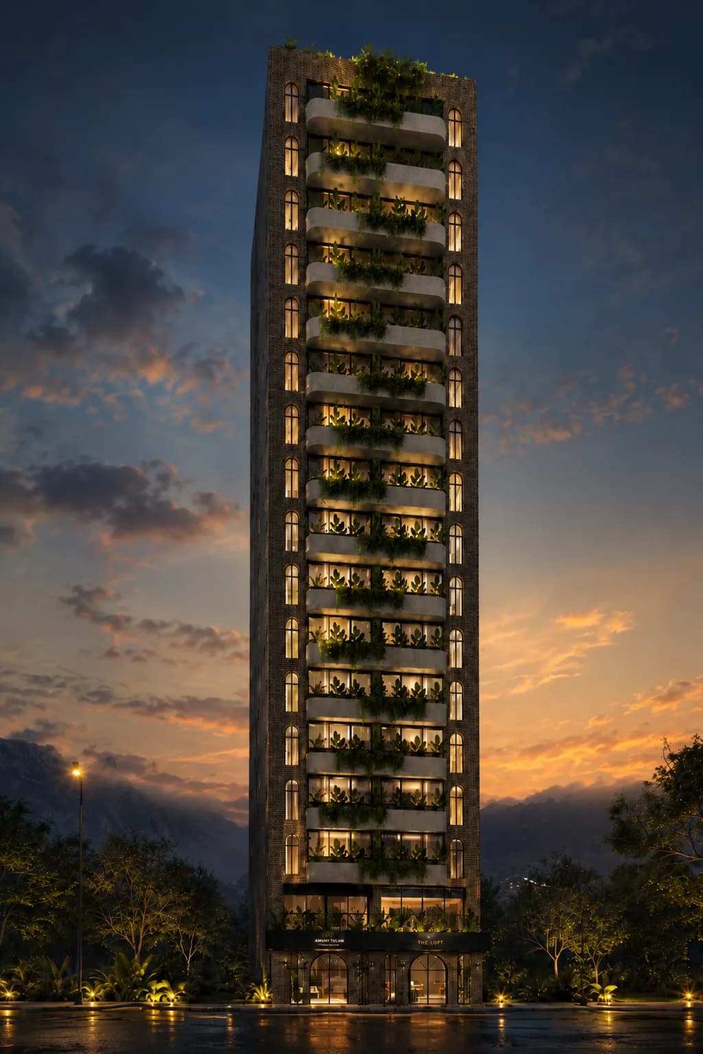 Torre de Esencial Living al atardecer en clave editorial: vegetación en balcones, planta baja iluminada y cielo cálido.