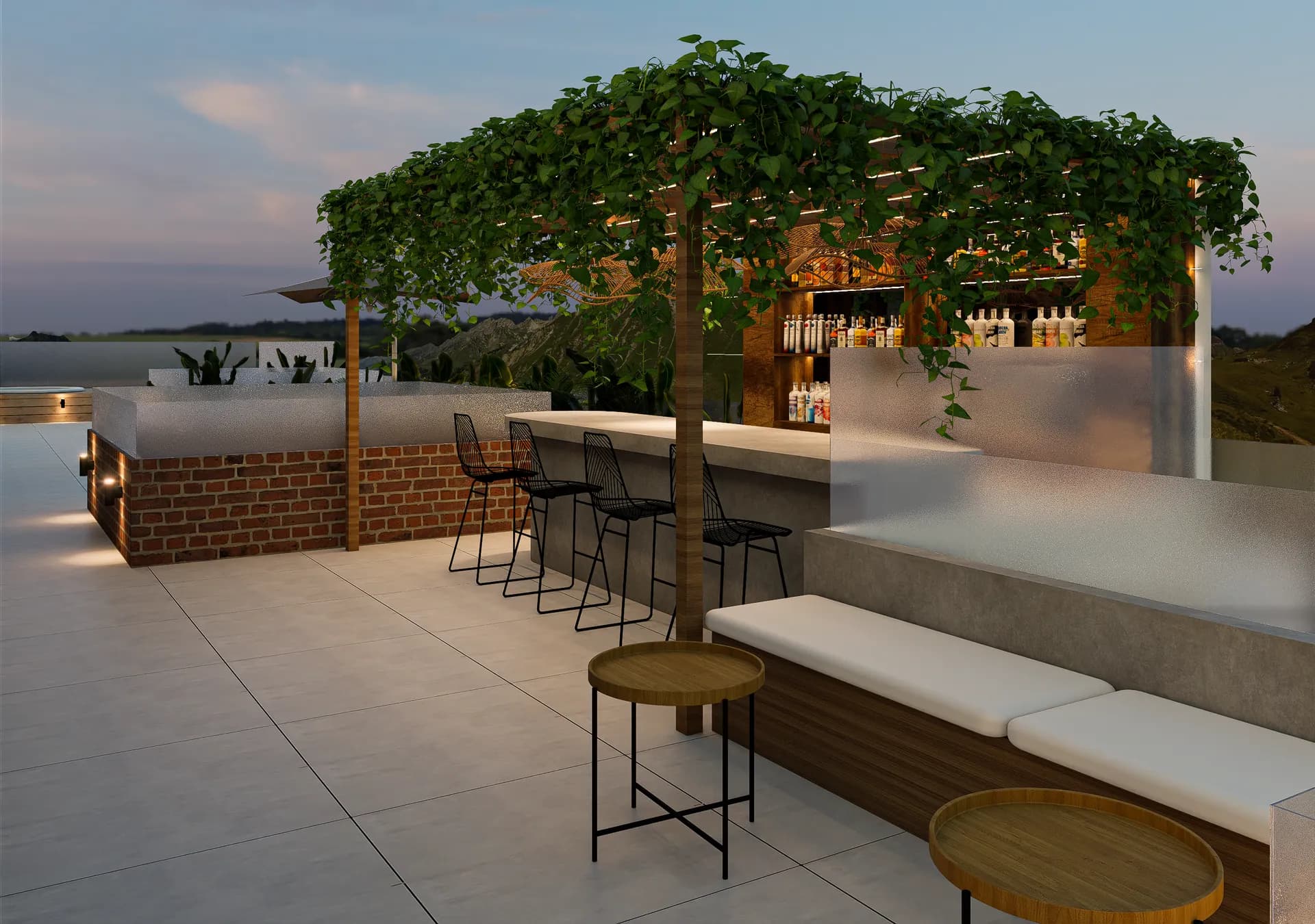 Bar de la terraza al atardecer bajo una pérgola cubierta de vegetación.